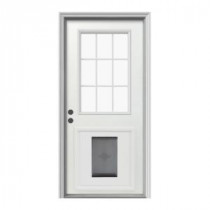 JELD-WEN 9 Lite Primed White Steel Entry Door with Large Pet Door and Brickmold