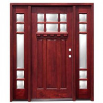 Pacific Entries Craftsman 6 Lite Stained Mahogany Wood Entry Door with Dentil Shelf 6 in. Wall Series and 14 in. Sidelites