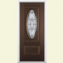 Masonite Providence Three Quarter Oval Lite Chestnut Mahogany Grain Textured Fiberglass Entry Door with Brickmold