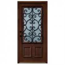 Steves & Sons Decorative Iron Grille 3/4 Lite Stained Mahogany Wood Right-Hand Entry Door with 6 in. Wall and Stained Jamb