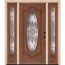 Feather River Doors Silverdale Brass Full Oval Medium Oak Fiberglass Entry Door with Sidelites