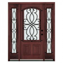 Steves & Sons Decorative Iron Grille 3/4 Arch Lite Stained Mahogany Wood Left-Hand Entry Door with 12 in. Sidelites