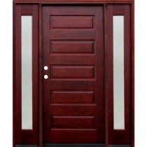 Pacific Entries Contemporary 5 Panel Stained Mahogany Wood Entry Door with 6 in. Wall Series and 12 in. Reed Sidelites