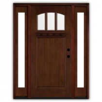 Craftsman 3 Lite Arch Stained Mahogany Wood Left-Hand Entry Door with 12 in. Sidelites and 6 in. Wall