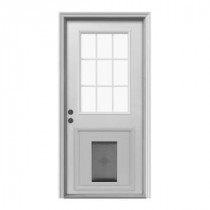 JELD-WEN 9 Lite Primed White Steel Entry Door with Medium Pet Door and Brickmold
